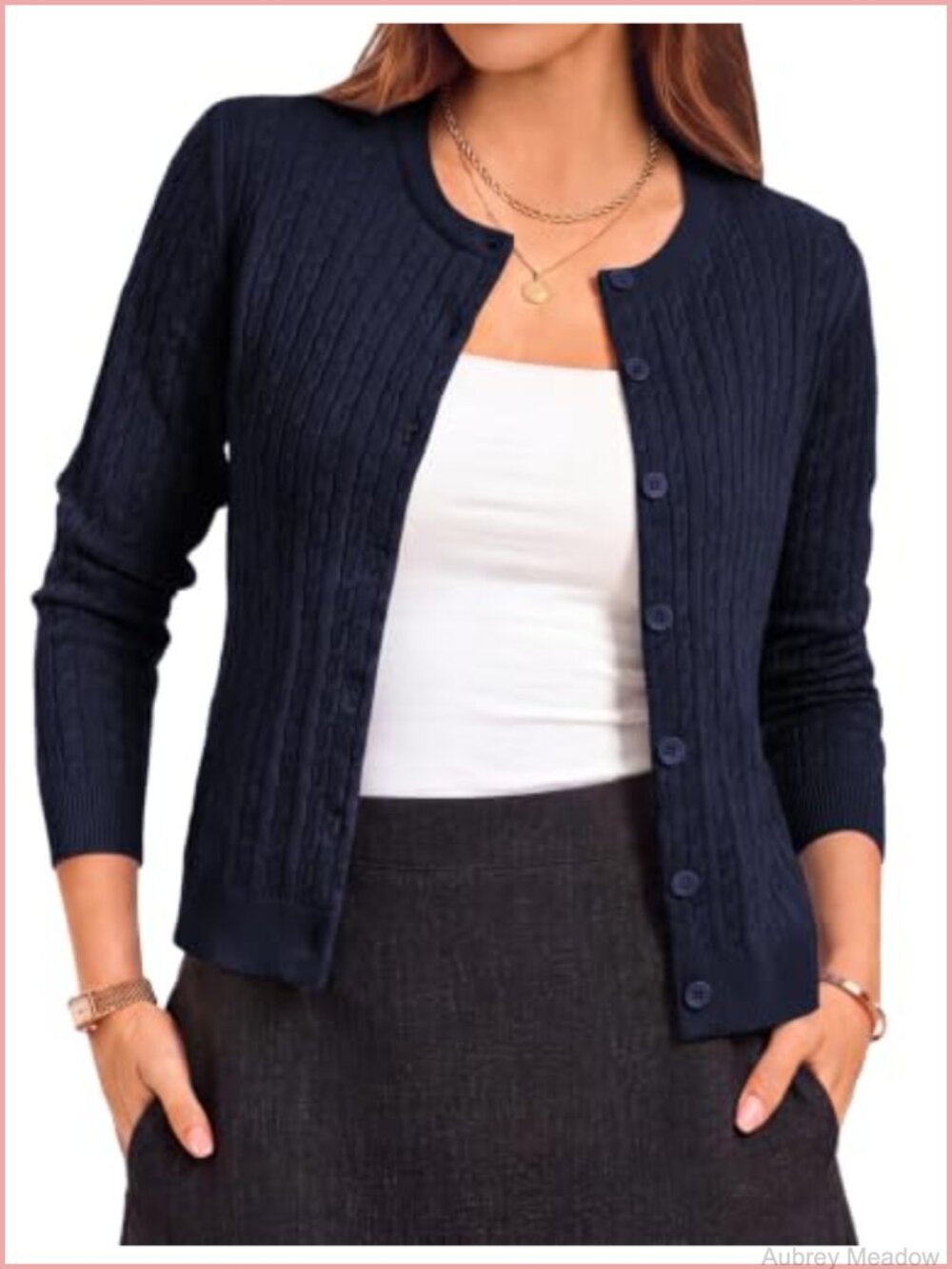 Cable Knit Button Down Cardigan Lightweight Crew Neck Long Sleeve Sweater